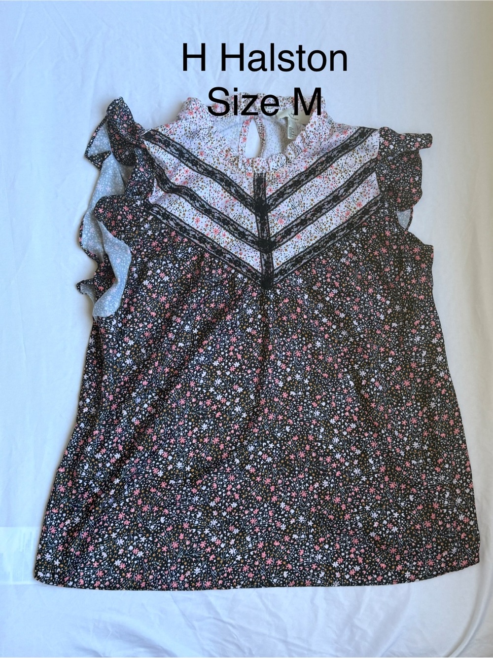 H by Halston Black Sleeveless Floral Ruffle Top with Pink & White Accents